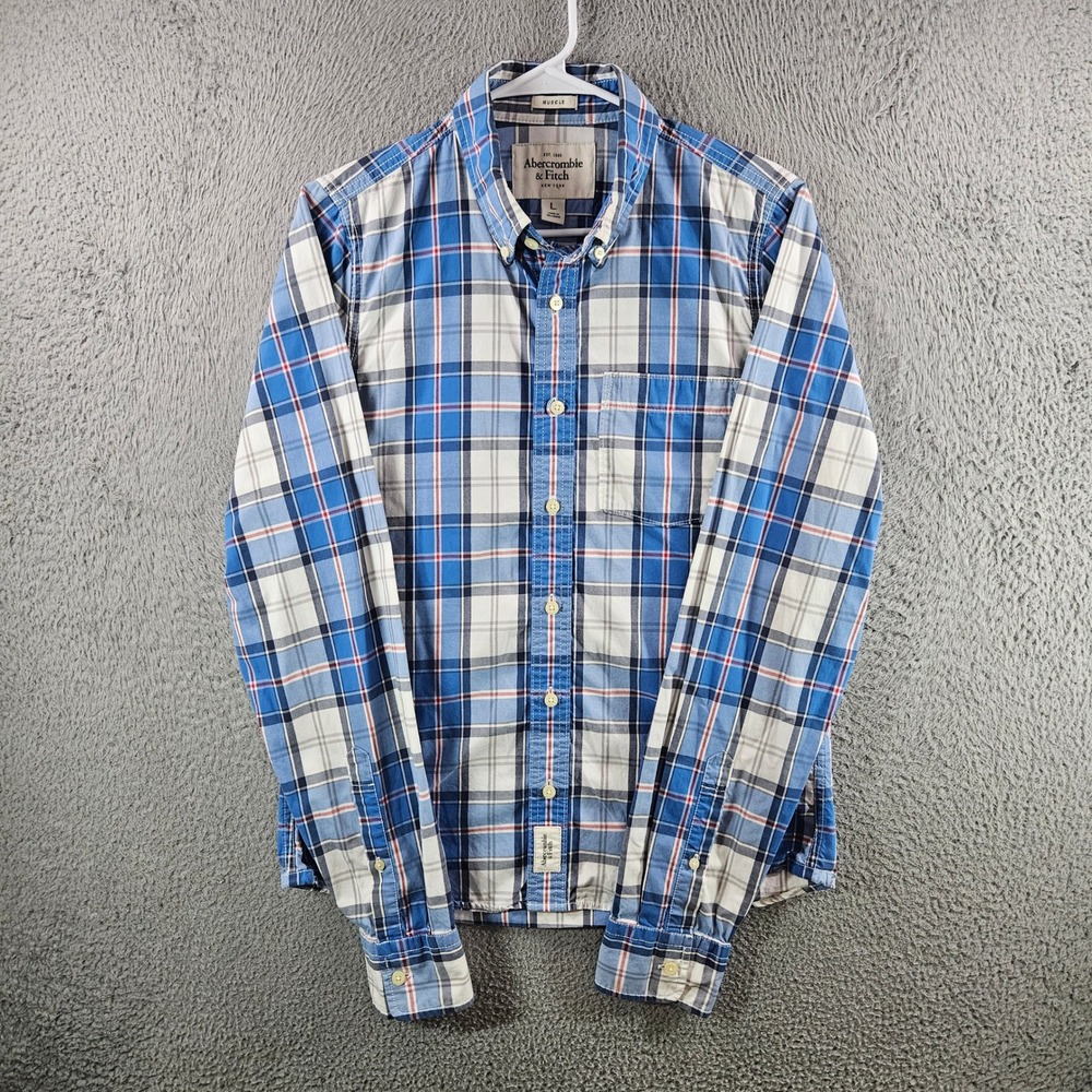 Abercrombie & Fitch Mens Muscle Fit Plaid Button Down Shirt Blue White Large L